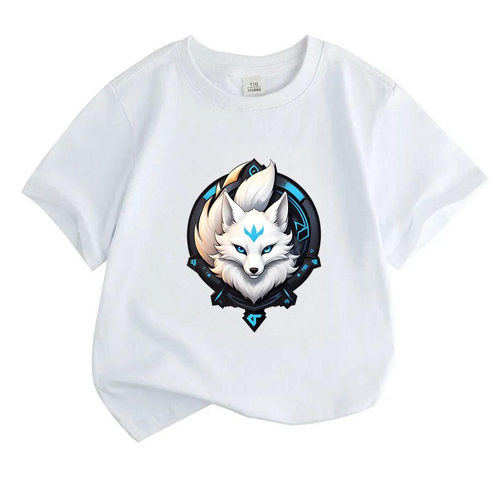Kids Boys Girls 100% Cotton Short Sleeve T-Shirt, Cool White Nine-Tailed Fox With Blue Neon Mark Print Crew Neck Casual Soft Tee For Children Daily We