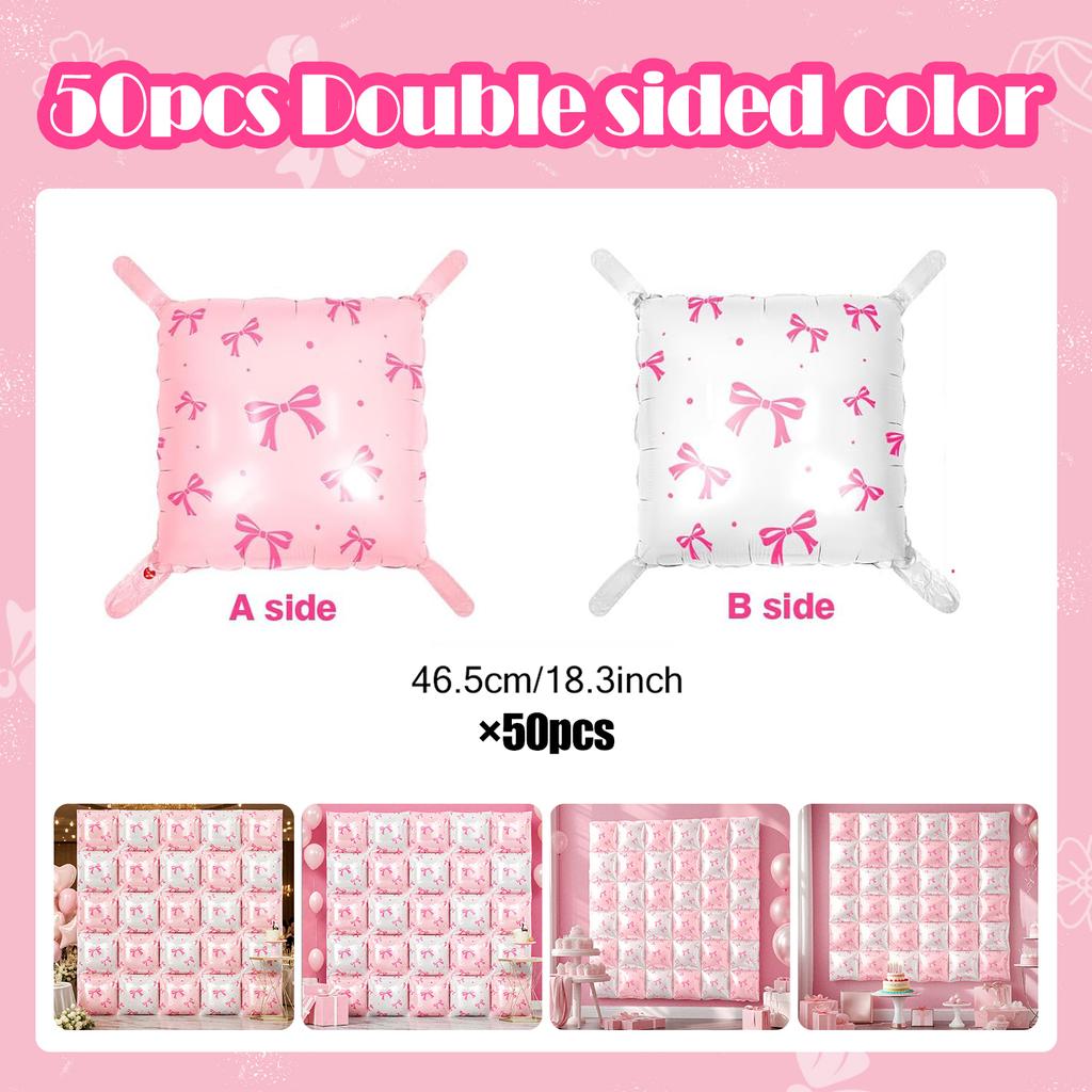 25pcs/50pcs White Pink Bow Square Aluminum Foil Balloon Wall Double Sided Balloon for Birthday, Wedding, Shower Decoration