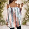 Women Plus Size Cold Shoulder Double Strap Short Sleeve Top Tie Dye Striped V Neck Blouse