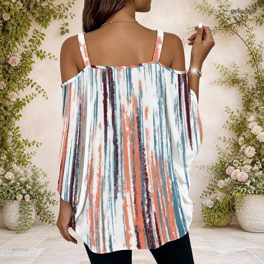 Women Plus Size Cold Shoulder Double Strap Short Sleeve Top Tie Dye Striped V Neck Blouse