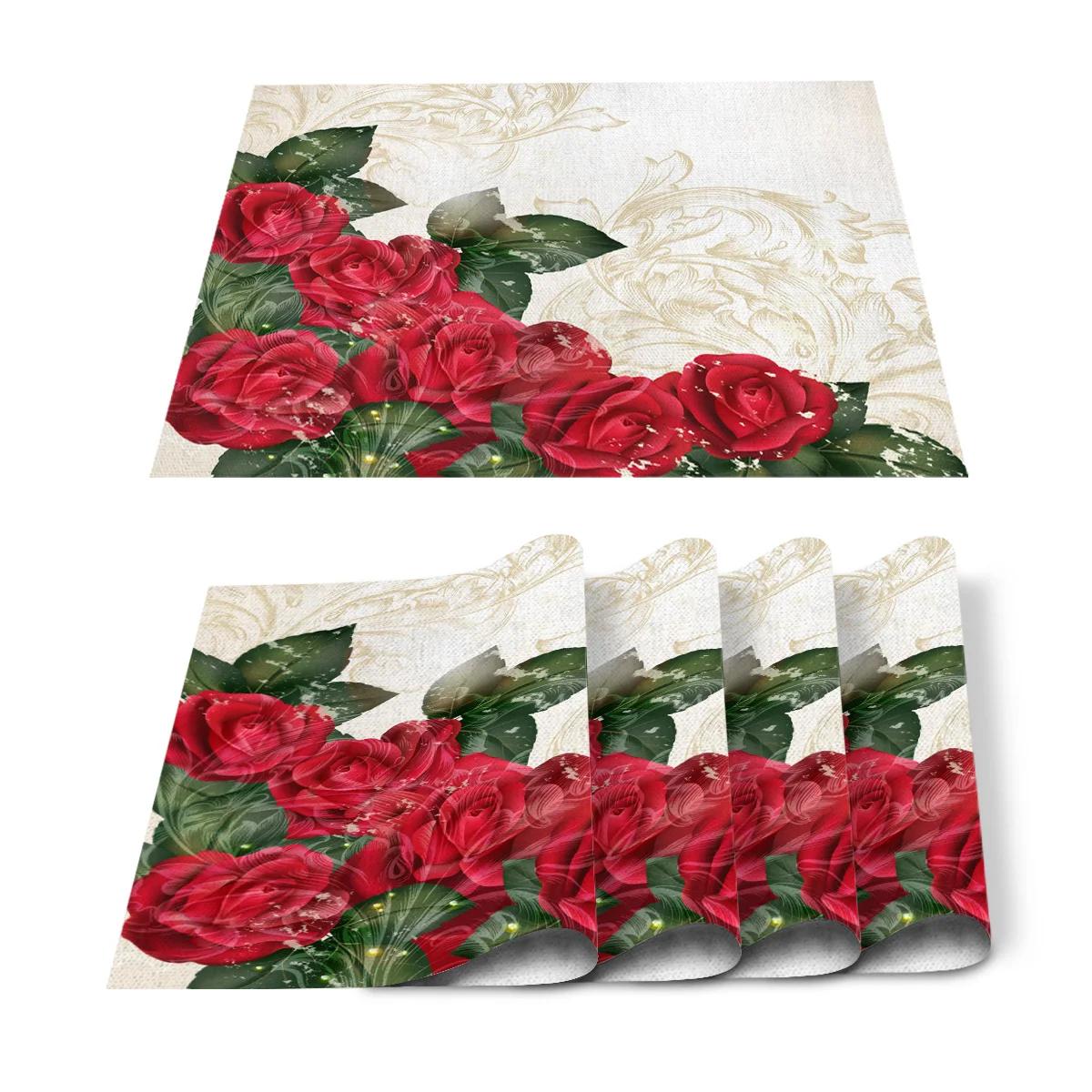 

Red Rose Placemat Set Floral Blossom Place Mats for Dining Table, Banquet Flower Romantic Valentine s Day Table Mats 12x18Inch 2pcs 30x45cm