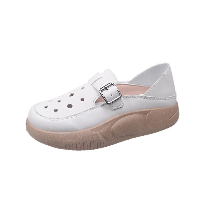 Niche Retro Middle-aged Mother Shoes Women's Autumn Leather Surface Hollow Hole Shoes Soft Sole One Pedal Thick Sole Two Wear Single Shoes
