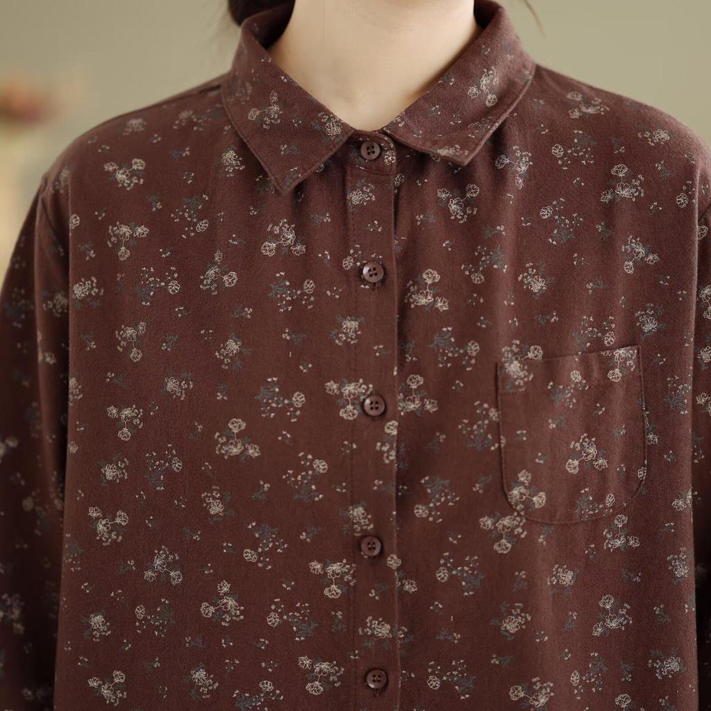 Women's Long Sleeve Retro Floral Cotton Shirt - Loose Fit, Slimming Temperament, Thickened Base Layer