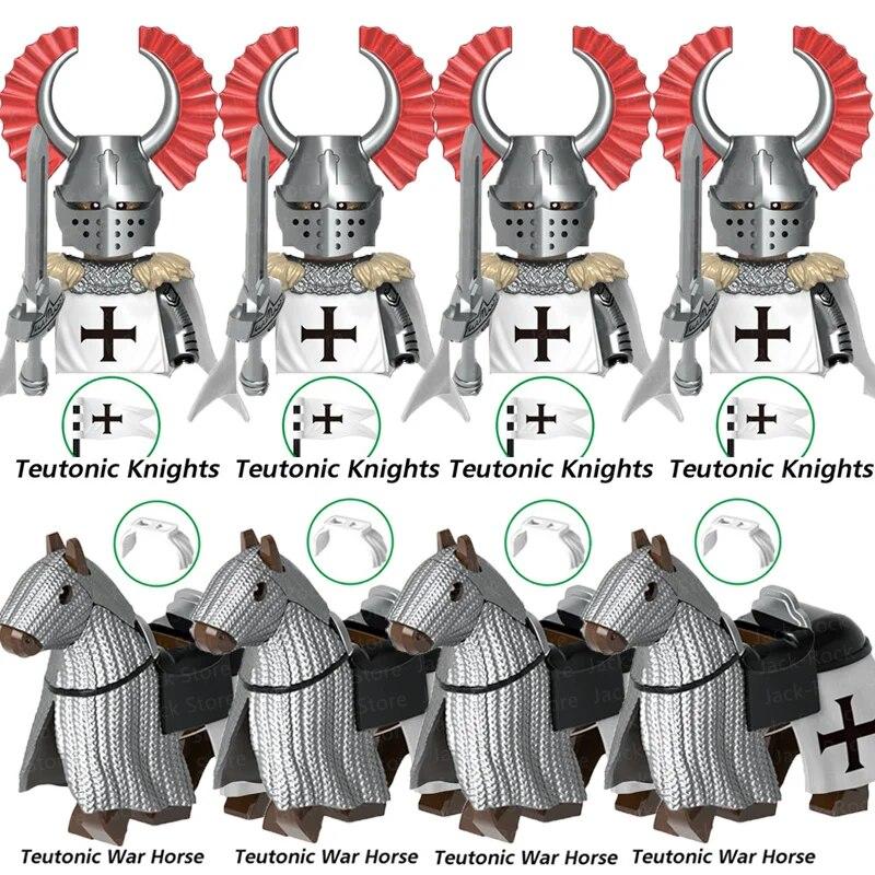 Militärische Bausteine, mittelalterliche Soldatenfiguren, Ritter von Jerusalem, Kreuzzüge, der Rosenkrieg, Kriegsross, Waffen, Schild