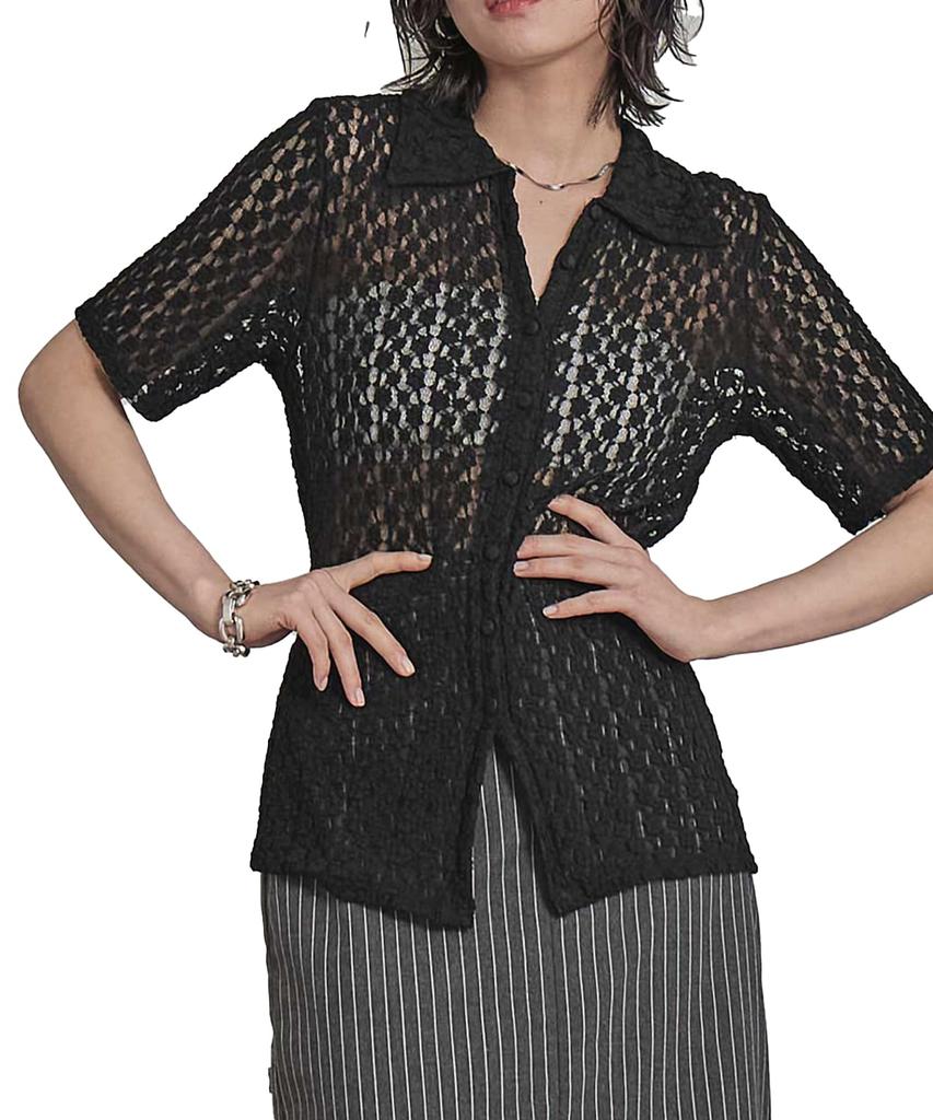 Miette Collared Lace Short Sleeve Top Free Black Women's RFJR2168, Size,