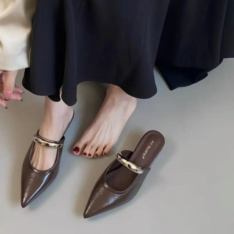 Punk Gothic Metal Buckle Low Heels Sandals Women New Pointed Toe Thick Heeled Summer Slippers Woman Platform Muller Shoes