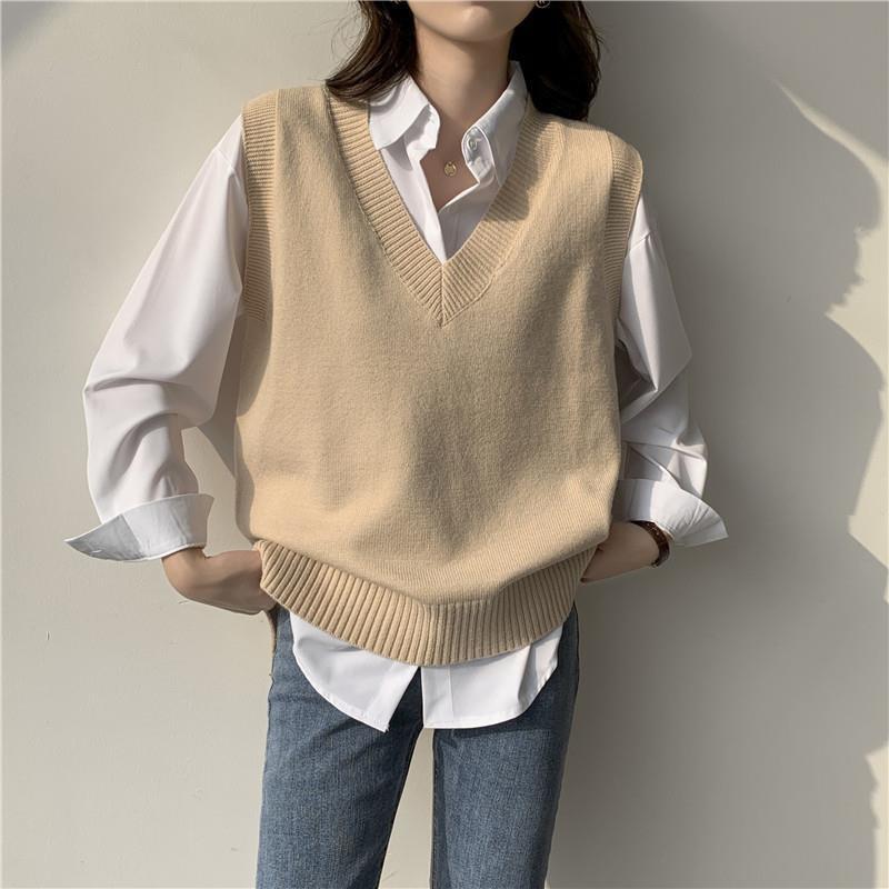 Loose Casual V Neck Sleeveless Pullover Vest Women Knit Waistcoat Sweater Spring Autumn Layering Top