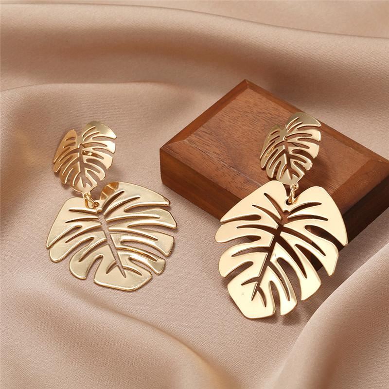 Bohemian Monstera Palm Tree Dangle Earrings For Women Gold Tropical Hollow Plant Leaves Big Earring Beach Brincos Gift