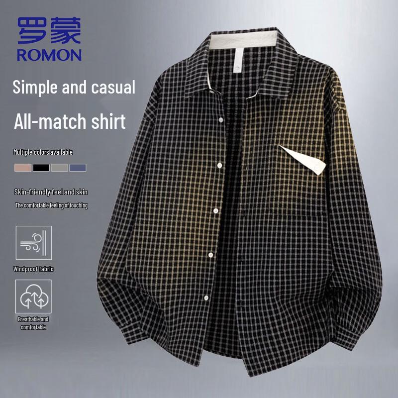 ROMON Men's Plaid Long Sleeve Casual Shirt