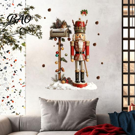 Christmas Atmosphere Wall Decals for Fridge Nutcracker Soldier Decal, Vintage Mailbox Snow Scene Self-Adhesive Party Background Decor Sticker,