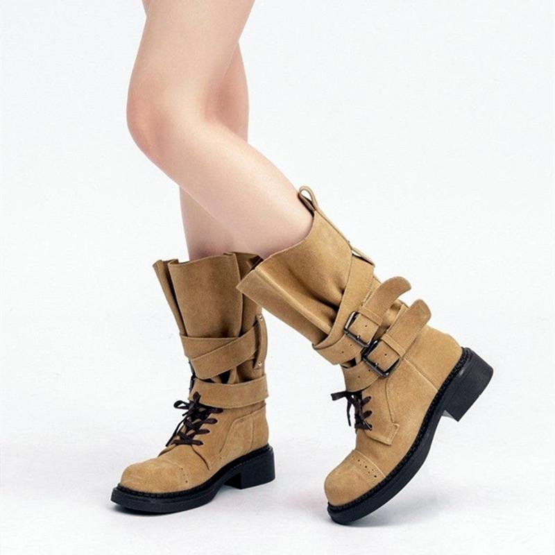 Fashion Luxury Faux Suede Mid-calf Motorcycle Boots Women Fashions Belt Buckle Design Chunky Platform Boots Western Cowboy Botas Mujer