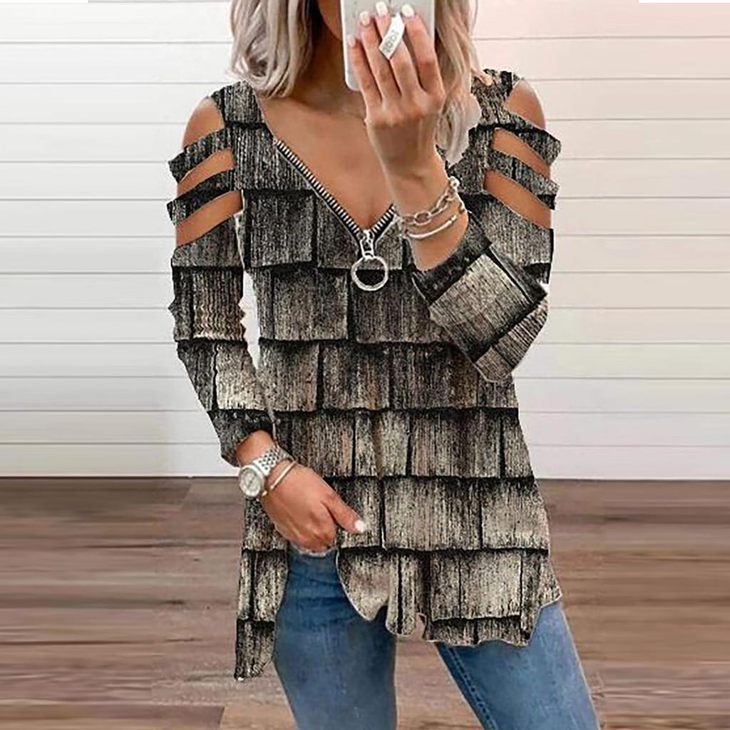 Women Casual Fashion Printed Zipper Long-sleeved V-neck T-shirt Top Blouse
