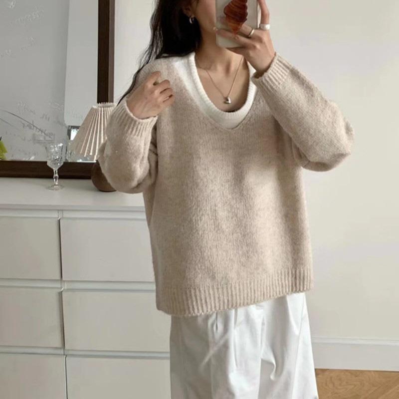 Autumn and winter new design soft waxy pullover sweater women's loose lazy style thin knitted sweater top
