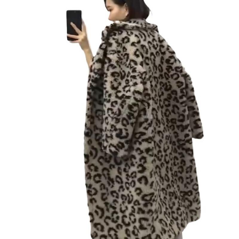 New Casual Cashmere Jacket Women's Lamb Wool Medium and Long Leopard Print Fashion Fur Coat Trendy Winter