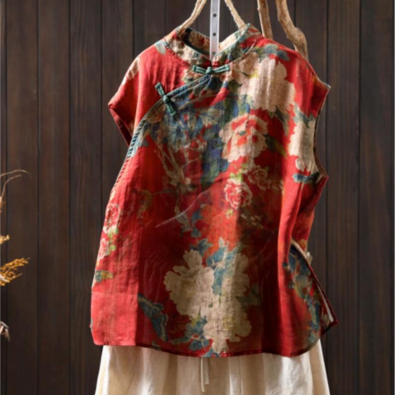 

Johnature Женские рубашки в китайском стиле с цветочным принтом, воротник-стойка, без рукавов, на пуговицах, летние блузки, винтажные женские рубашки One Size