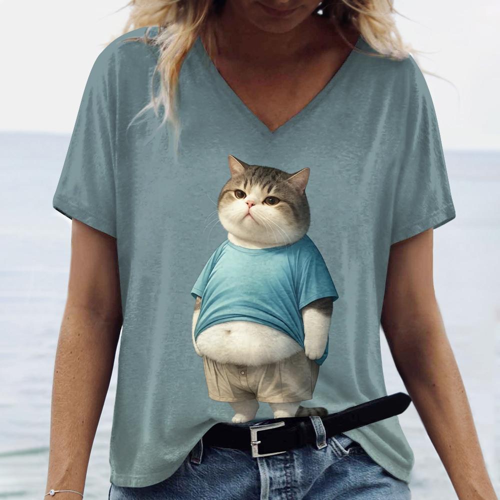 Animacinės katės spaudiniai Moteriški marškinėliai Mielas pilvo katės raštas Laisvalaikio trumpos rankovės Vasaros mados marškinėliai Laisvi moteriški drabužiai Viršus