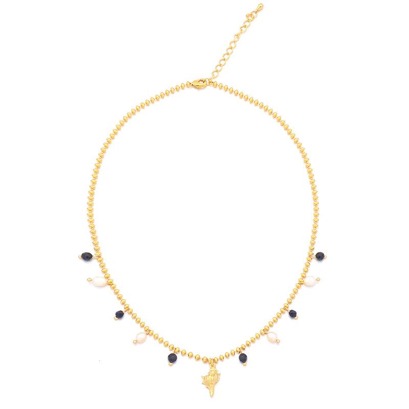 GEMCHIC Women s Luxury Natural Stone and Freshwater Pearl Necklace with Gold Plated Shell Pendant