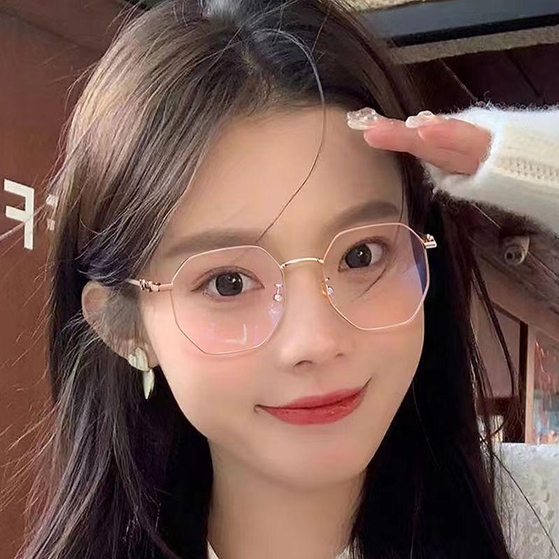 No Makeup, High-End Polygonal Metal Frame Glasses, Anti-Blue Light, Light-Sensitive Discoloration, Can Be Equipped With Myopia Flat Glasses