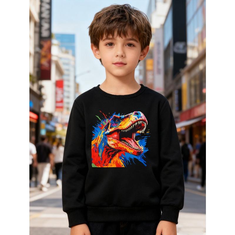 European Sizes Kids' Stylish Round-Neck Pullover, Long-Sleeve Top, Featuring a Cool T-Rex Print, Suitable for Casual Wear And Outdoor Activities