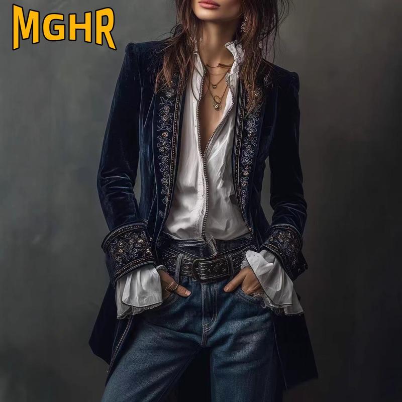 MGHR Women's Vintage Casual Solid Color Print Autumn Winter Long Sleeve Jackets & Coats