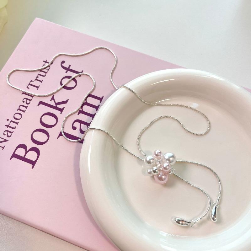 Высококачественное жемчужное ожерелье - Белый жемчужный цветок, регулируемая кисточка, длинное ожерелье - Серьги Powder-white - Necklace