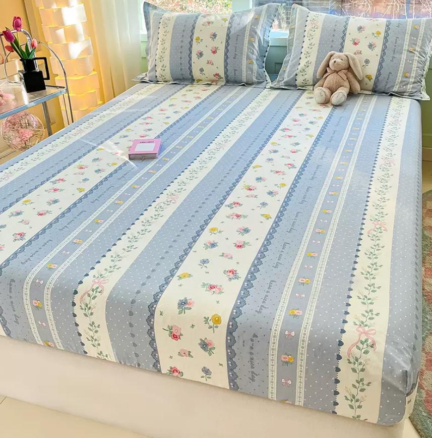 100% Cotton Fitted Sheet + 2pc Pillowcases Bed Fitted Sheet Soft Cartoon Boat Print Kids Ladies Single Double Queen King Size