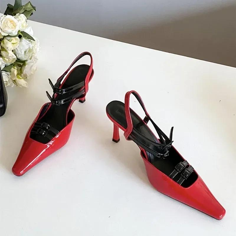 

Новинка Ремни Пряжка Дизайнерские Тонкие Высокие Каблуки Женские Сексуальные Туфли-лодочки из Патентной Кожи с Острым Носком Свадебная Обувь 39 красный