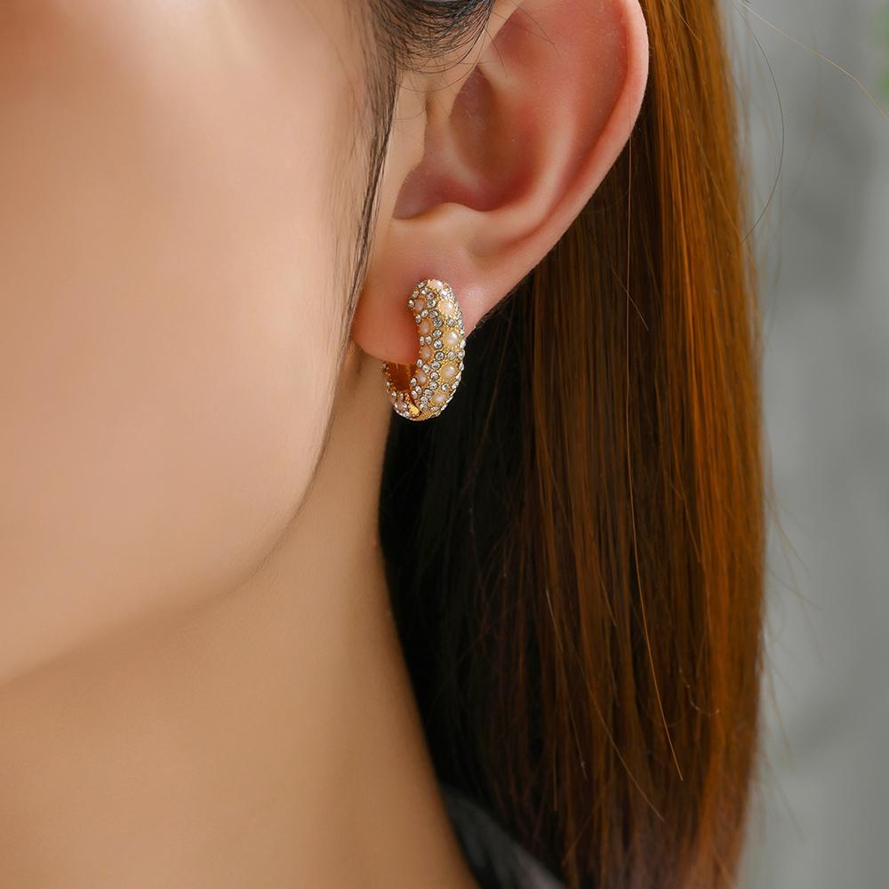 Gold Copper Metal Small Hoop Earrings for Women Round Circle Imitation Pearl Rhinestone Huggies Earrings Fashion Jewelry
