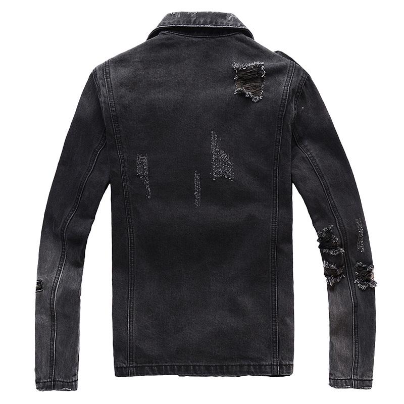 Hochwertige Herren-Reißverschlüsse, schwarze Jeans-Bikerjacke für Motorräder, Vintage-Epaulettenlöcher, zerrissene Distressed-Mäntel