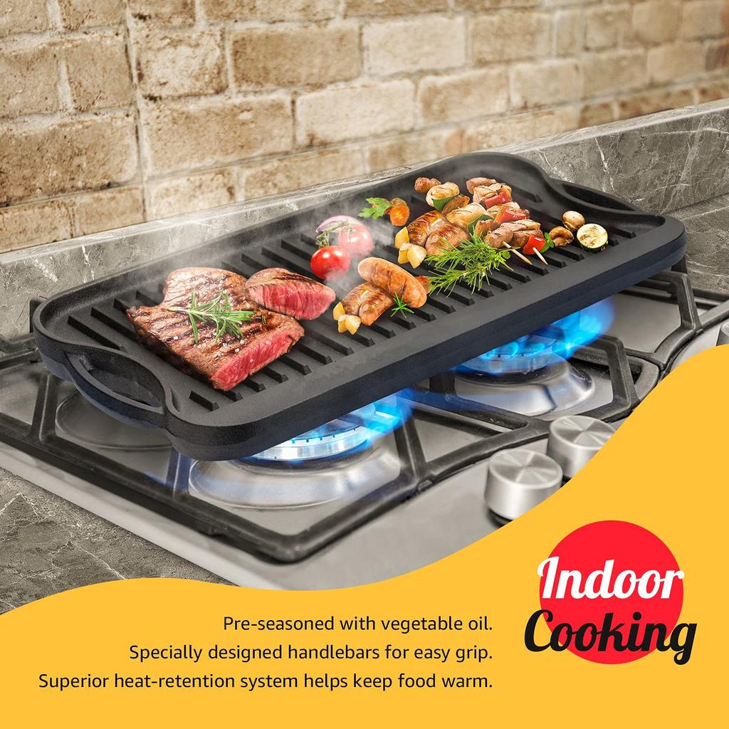 Pre-Seasoned Cast Iron Reversible Rectangular Grill Two-in-one Griddle 20 X10 Inch For Fried Steak and Fried Egg Frying Pan
