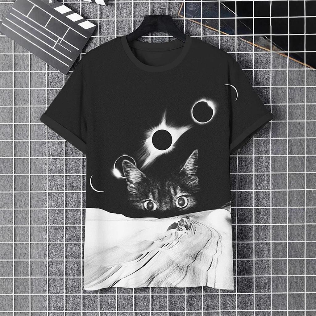 Zajímavé Kreativní Kočičí Grafika Pánské Módní Letní Krátký Rukáv 3D Tištěné Ležérní Osobnost Univerzální Nadměrná Velikost Tričko
