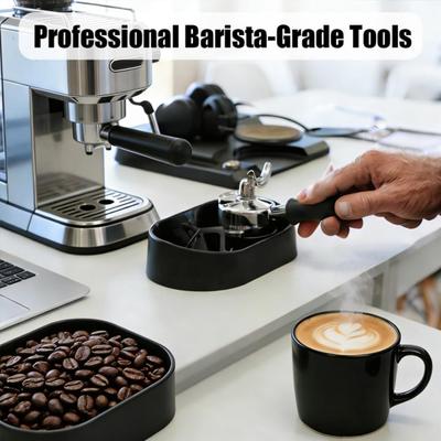 Machine à expresso électrique automatique avec porte-filtre, brosse de nettoyage pour poignée, bac à marc en acier inoxydable et plateau de récupération.