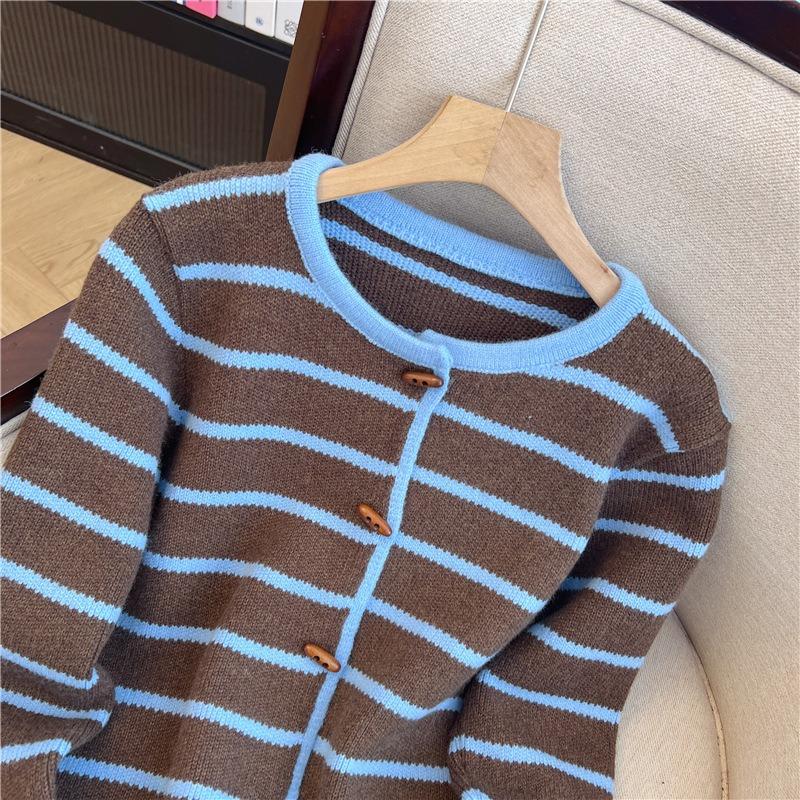 Real shot retro striped loose knitted cardigan women's autumn and winter lazy style high-end sense horn button sweater jacket