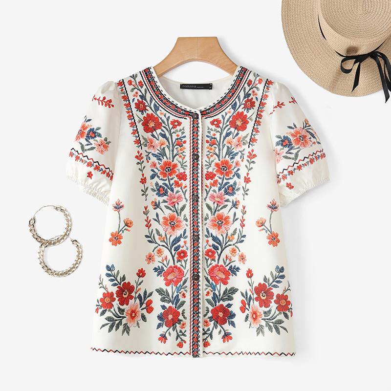 ZANZEA Blusa Casual da Donna con Stampa Floreale, Girocollo, Maniche Corte