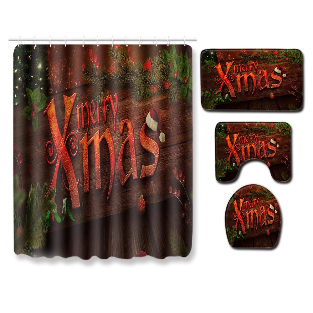 Christmas Home Shower Curtain Polyester Cloth Four-Piece Toilet Floor Mat Bathroom Non-Slip Door Mat Bedroom Carpet