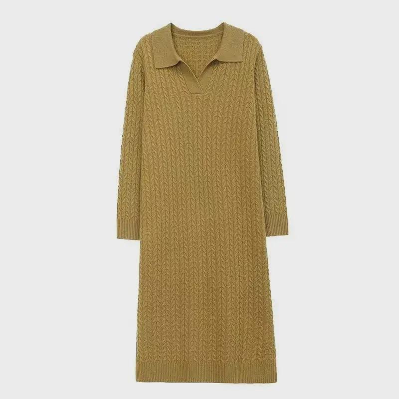 2024 Autumn-Winter Women's Korean Style Knitted Lapel Sweater Dress - Over the Knee, Medium-Length, Loose Fit