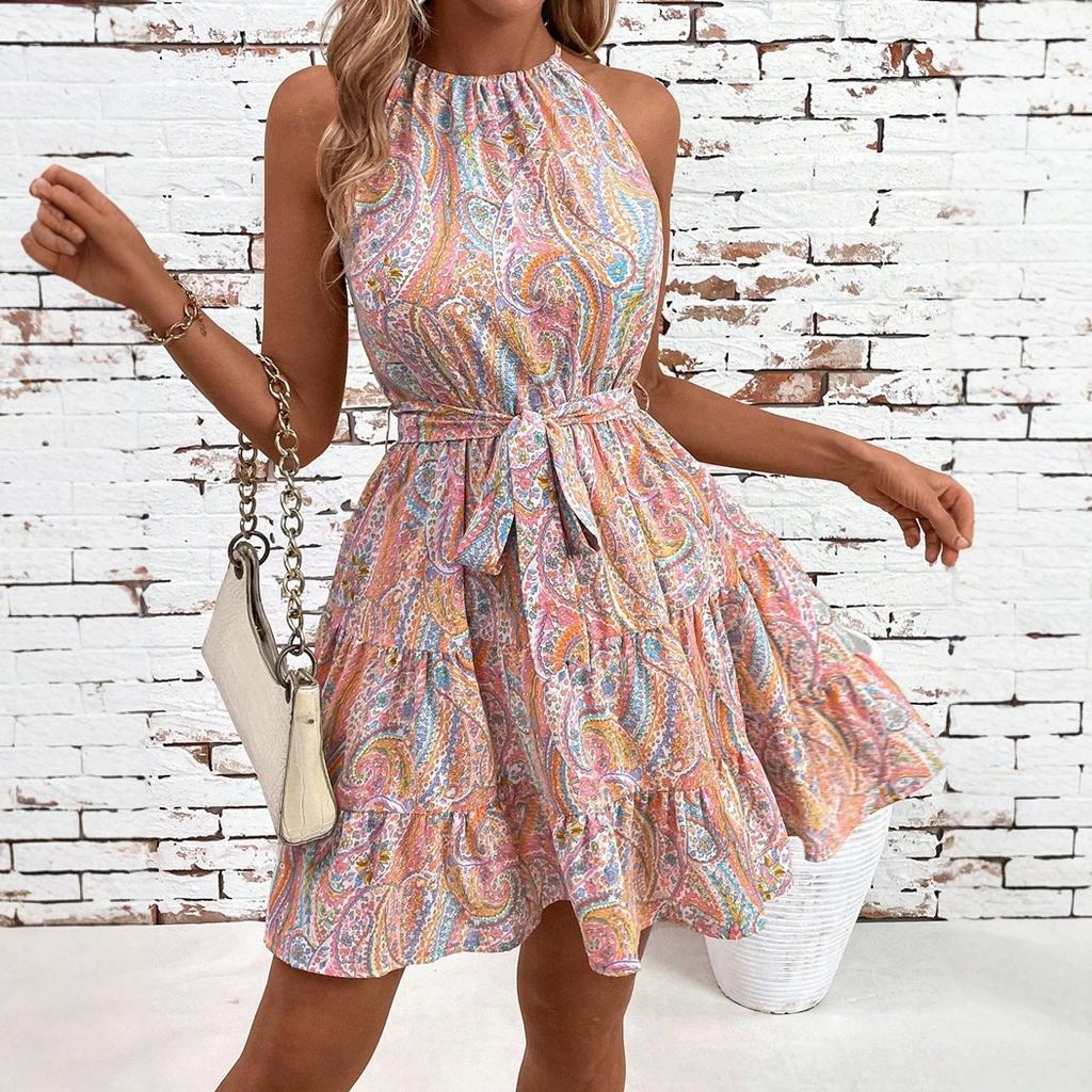 Europe, America 2026 Spring and Summer New Women's Clothing Sexy Straps Neck Split Printing Holiday Dress
