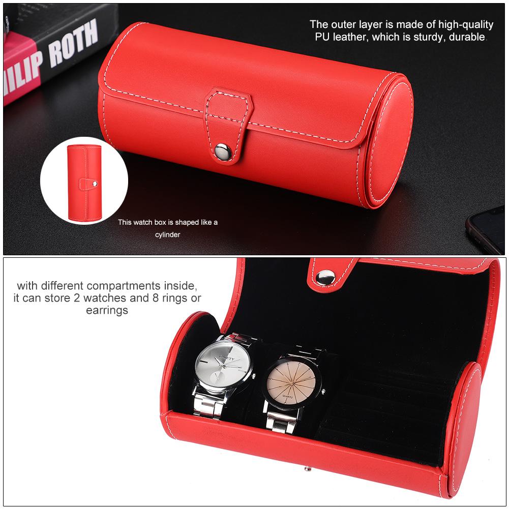 Wristwatch Watch PU Roll Holder Rings Earrings Display Case Jewelry Gift Box Storage (Rose Red)