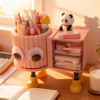 Cute Rotating Pen Holder with Drawer 2-in-1 Large Capacity Desktop Organizer