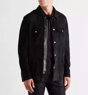 Camicia da uomo elegante in morbida pelle scamosciata nera, casual, fatta a mano, in vera pelle di agnello