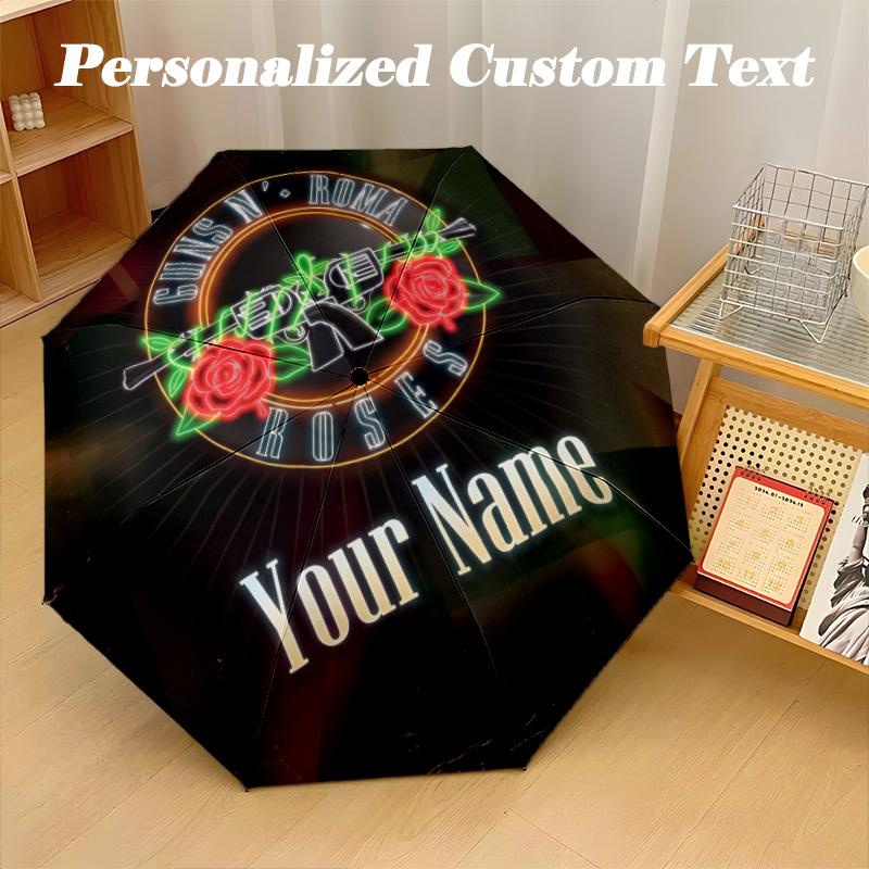 Guns N’ Roses Automatic 8‑ribs Umbrella, Custom Name Text Personalized Folding Umbrella Rain Sun Gift