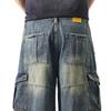 American Retro Washing Multi-pocket Work Denim Shorts Men's Summer Loose Wide-leg Cropped Pants