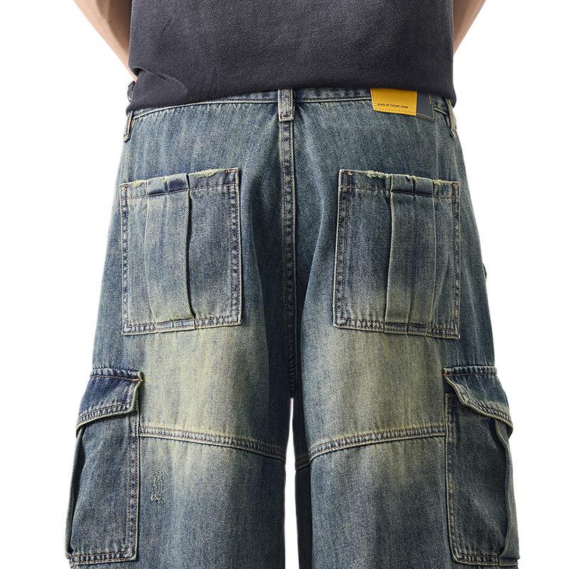 American Retro Washing Multi-pocket Work Denim Shorts Men's Summer Loose Wide-leg Cropped Pants