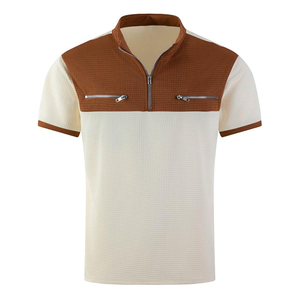 Men's Color Blocked Stand Up Collar 1/4 Zip Up Shirt  Men's Casual And Comfortable Short Sleeved Shirt