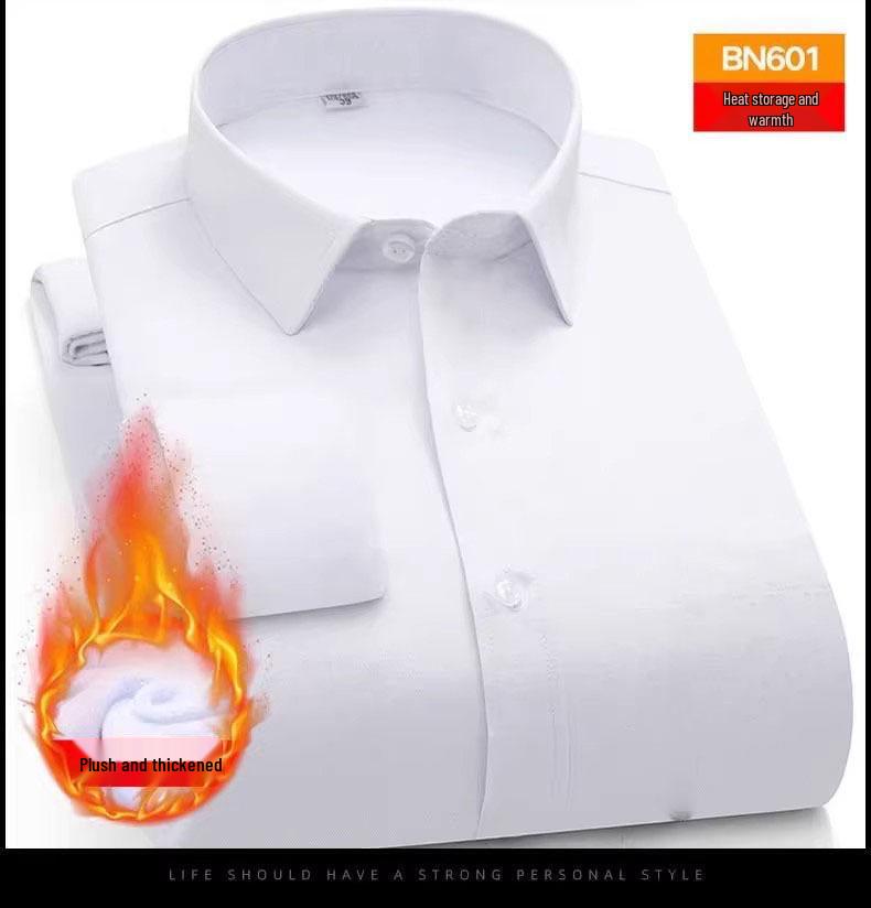 Men's Formal White Velvet-Lined Non-Iron Long Sleeve Shirt with Pocket