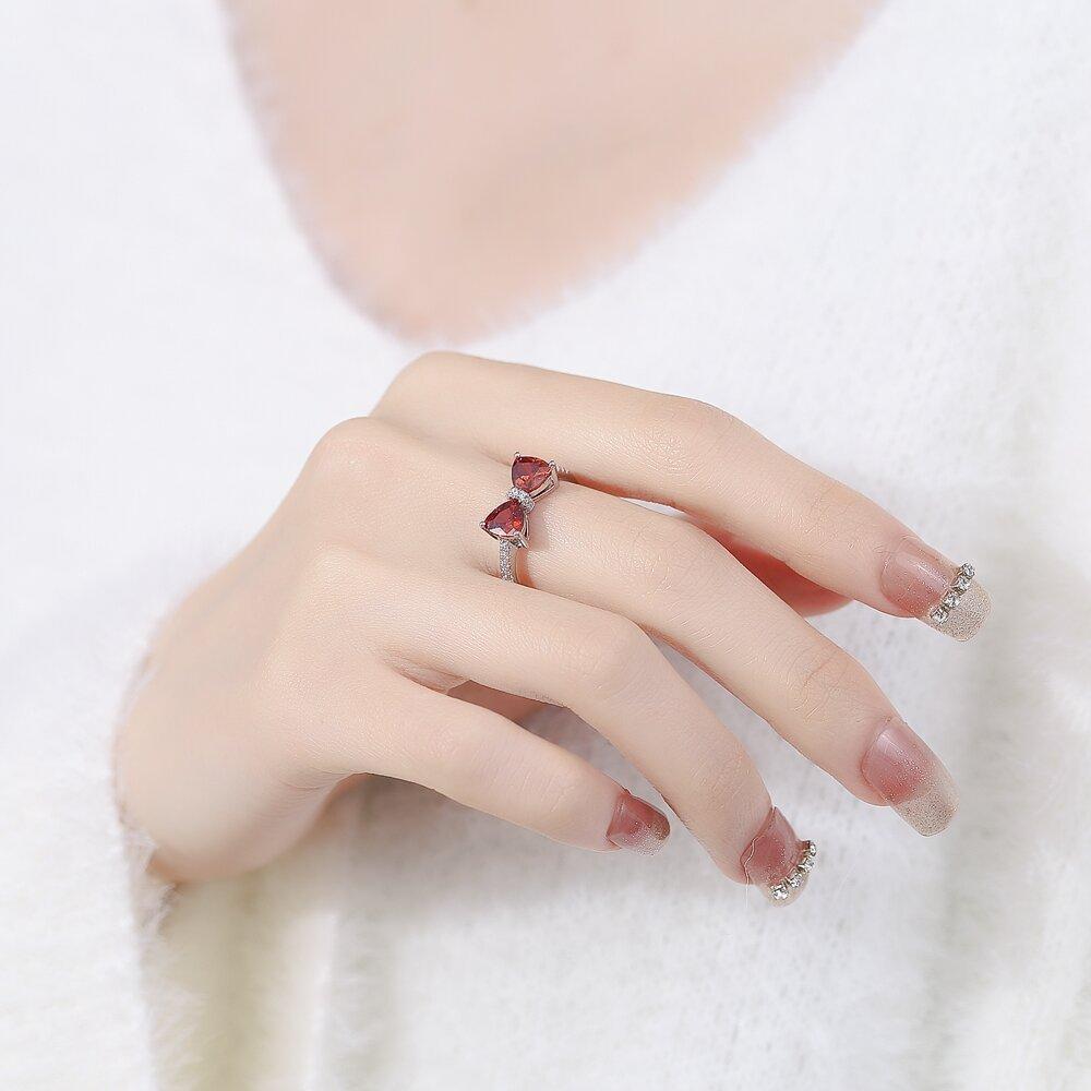 925 Sterling Silver Stylish Delicate Red Zircon Bow Ring, Birthday Party Anniversary Gift, Ladies Jewelry