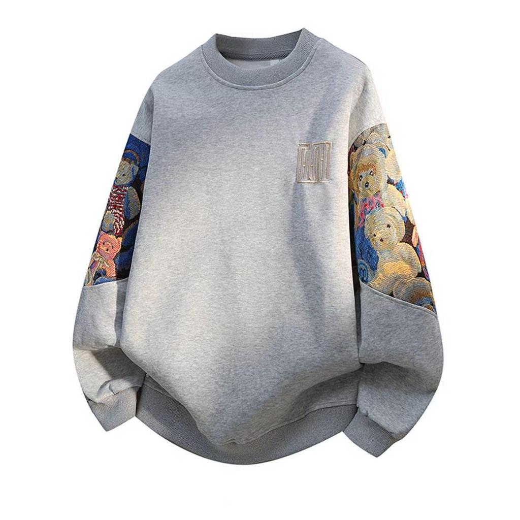 Plus Size Ethnic Style Embroidered Men's Hoodie - Autumn/Winter Retro Round Neck, Velvet, Long Sleeve, Enlarged Fit