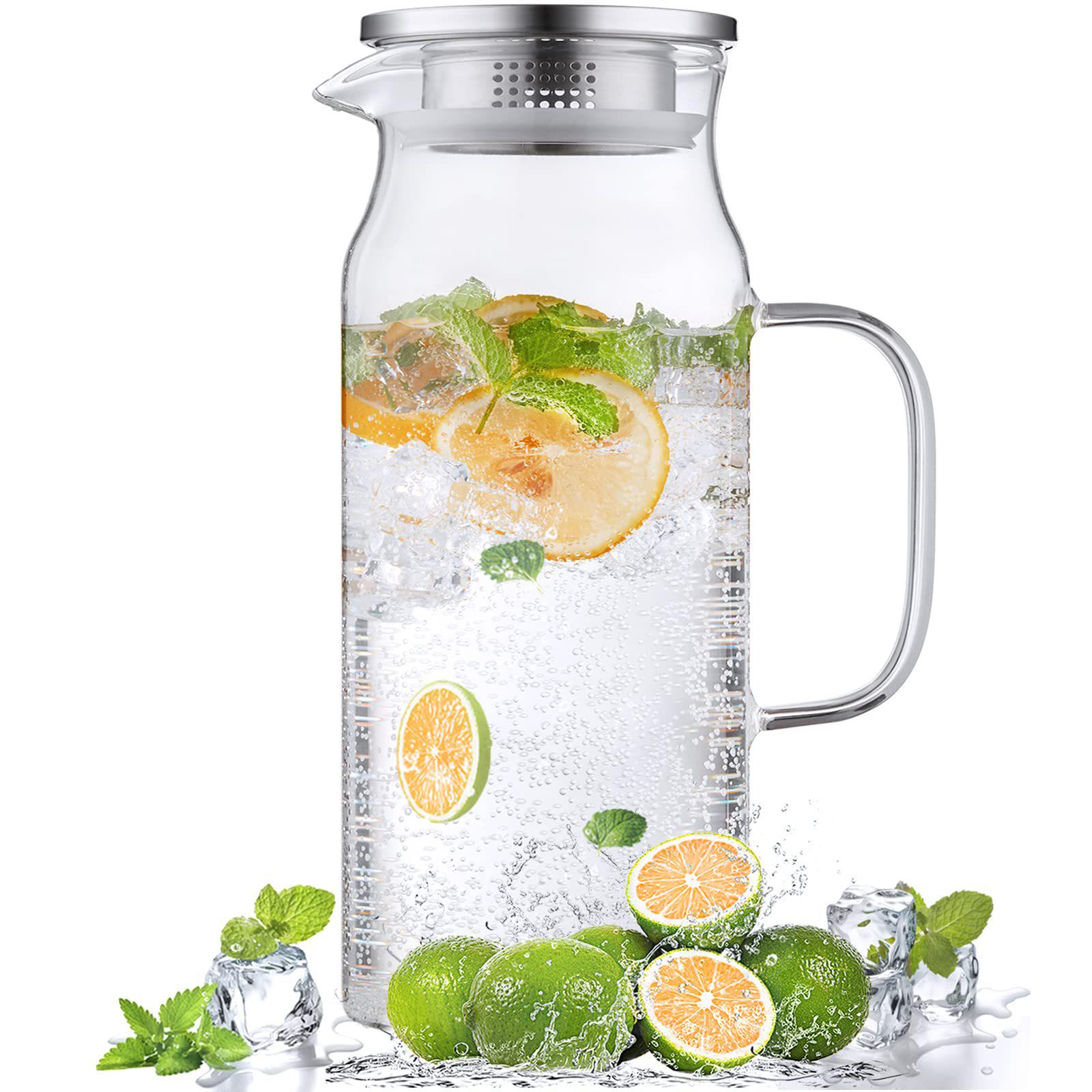

2L Glass Pitcher with Lid & Spout, 62oz Refrigerator Kettle for Hot/Cold Water, Large Iced Tea Pot 300ml Handle Cup