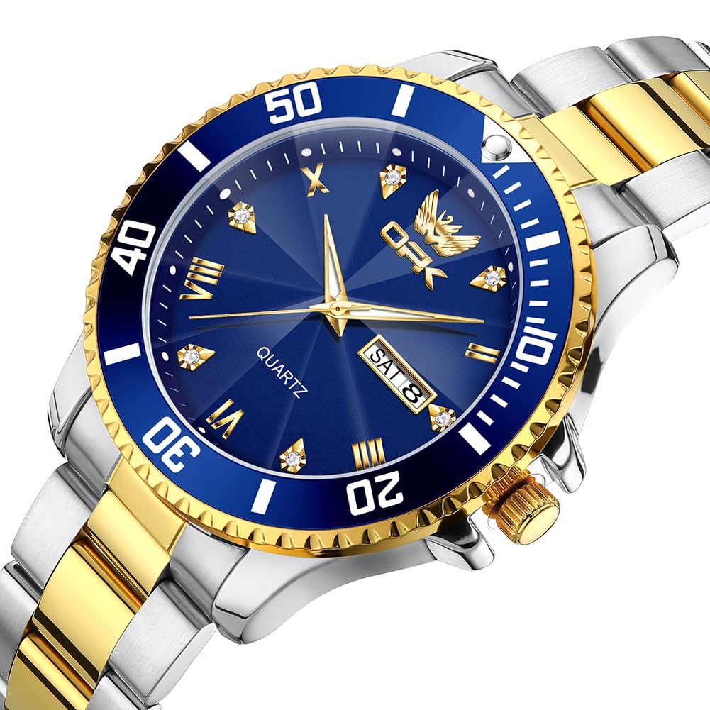 OPK Quartz Watch with Date Classic Stainless Steel Watch for School or Gold Blue Men's Display, Waterproof, Luminous, Stylish, Office, &