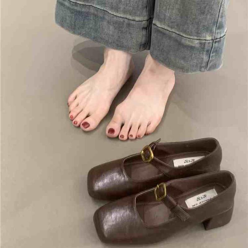 

Весна Осень Туфли-лодочки с квадратным носком Женские Уличный стиль Толстый каблук Обувь Винтажные женские туфли Мэри Джейн 35